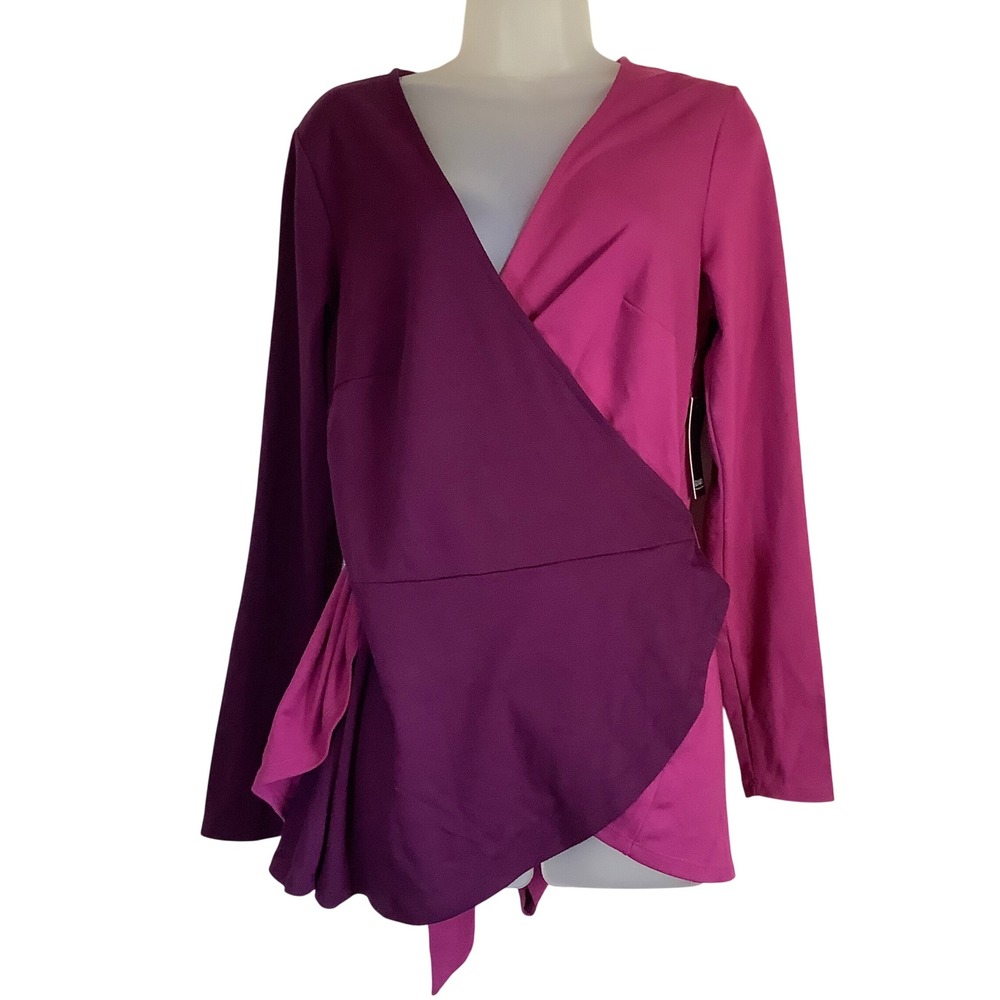 Eloquii Purple Pink Color Block Wrap Top Long Sleeve Asymmetrical Blouse Size 16